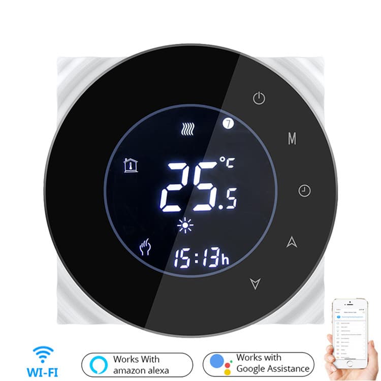 Smart thermostat Zigbee controls underfloor heating and central air conditioning with smartphone voice control via Amazon Echo and Google.