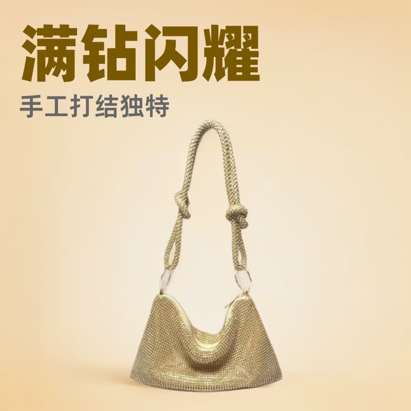 2023 New Cross-Border Knot Rhinestone Fully Hand-Studded Evening Bag Underarm Bag Diamond-Studded Full Rhinestone Evening Handbag
