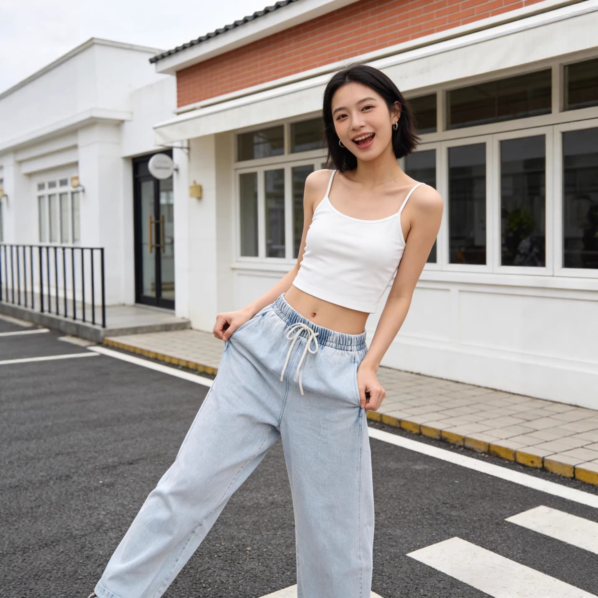 2026 Spring New Arrival Women's High-Waist Slimming Casual Pants with Drawstring, Blue-White Loose-Fit Versatile 9/4-Length Wide-Leg Pants