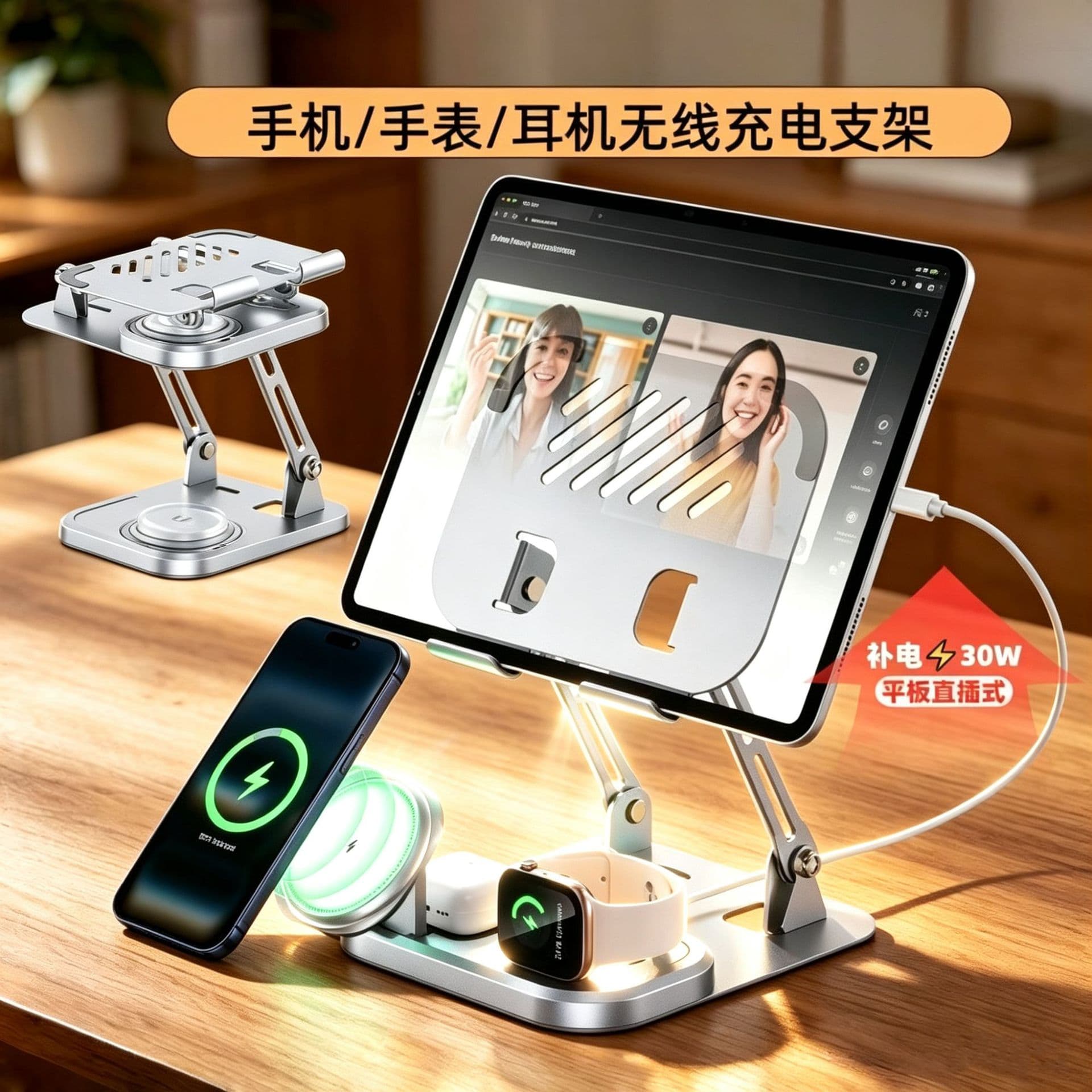 Cross-border Multi-functional Magnetic Wireless Charger Aluminum Alloy Desktop Wireless Charging Tablet Stand Phone Holder