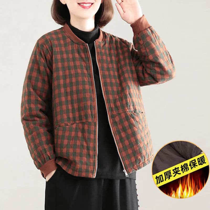 New autumn/winter plaid cotton-padded coat for women, short style, literary and retro, light and thin outerwear for mothers.