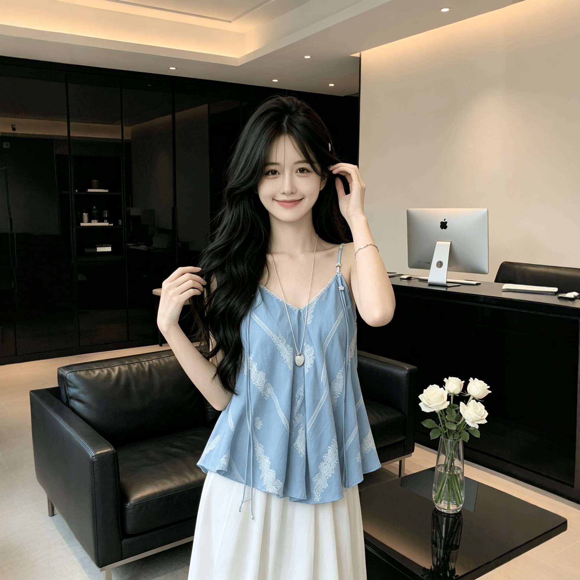 2026 Blue V-Neck Camisole Top Women's Summer New Loose Sleeveless Top Design Niche Style
