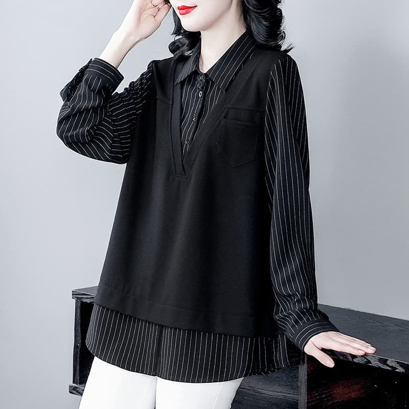 Spring New Casual Light Mature Office Wear Fake Two-Piece Lapel Plus-Size Mother 250 Jin Loose Shirt Women's Clothing