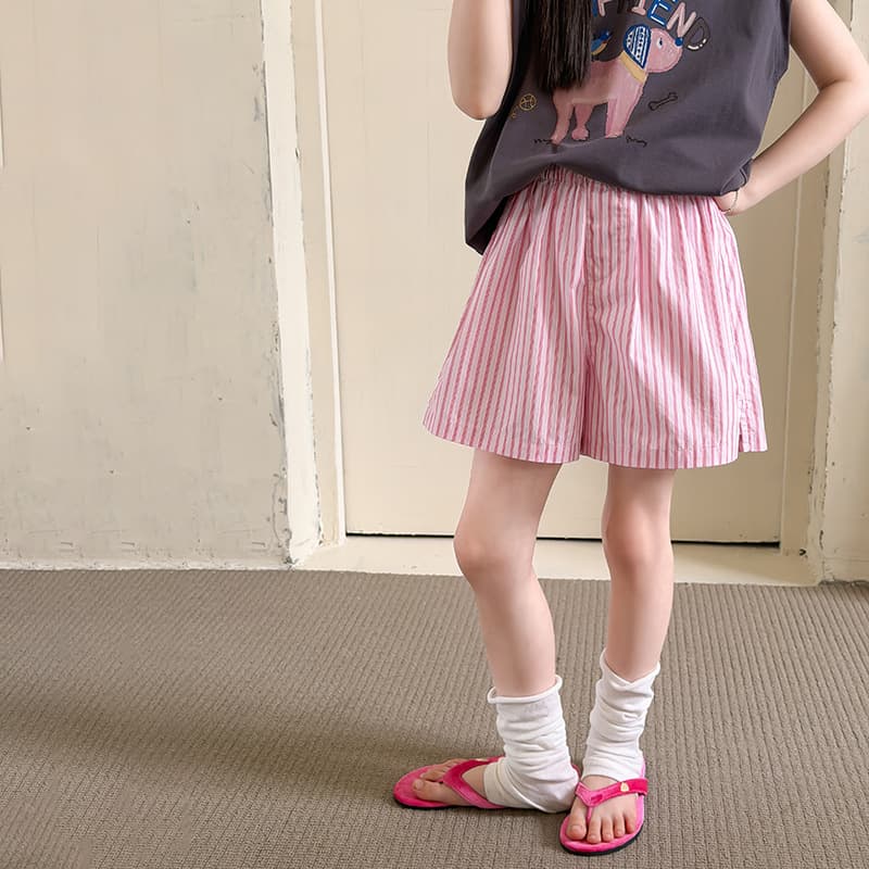 Aimobaby Kids Korean Style Sweet Girl Split Loose Refreshing Washed Cotton Pink White Striped Casual Shorts