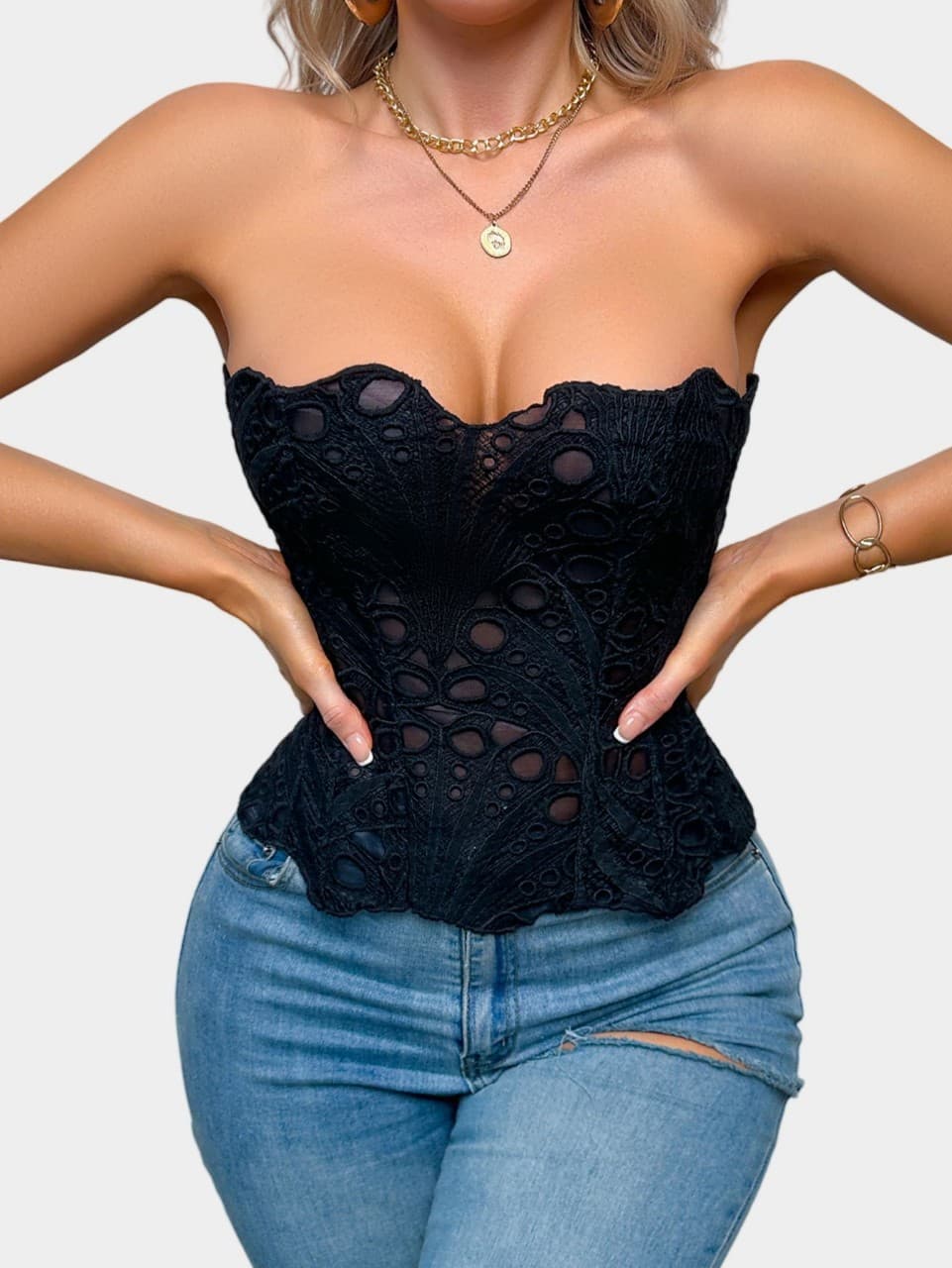 New Cross-Border Mesh Breathable Hollow Irregular Lace Double-Layer Tight Corset Top Women's European and American Court Corset