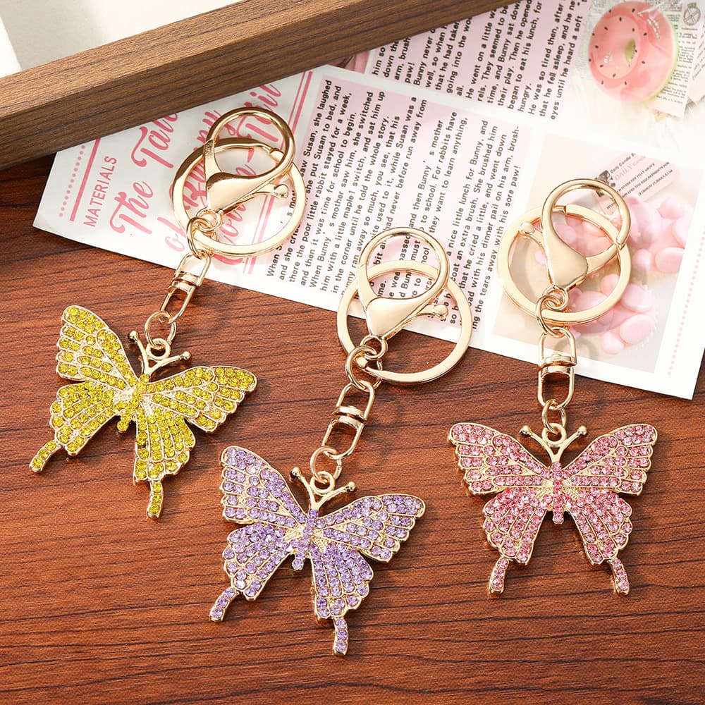 New colorful butterfly rhinestone keychain metal creative women's bag trend pendant key chain ring small gift