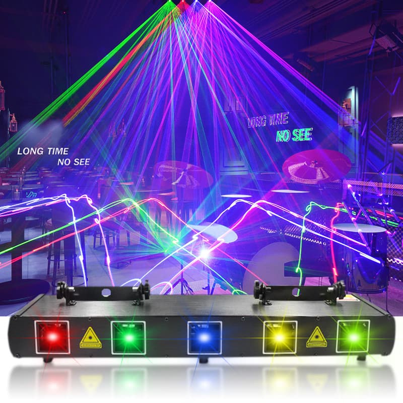 Five-beam full-color laser light with line scanning and pattern projection for bar parties and stage atmosphere.