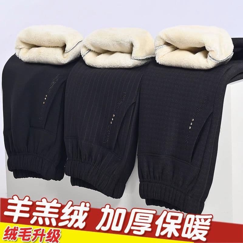 Winter pants for grandmothers, fleece-lined and thickened elastic waist cotton pants for women, mom lambswool warm stretch trousers.