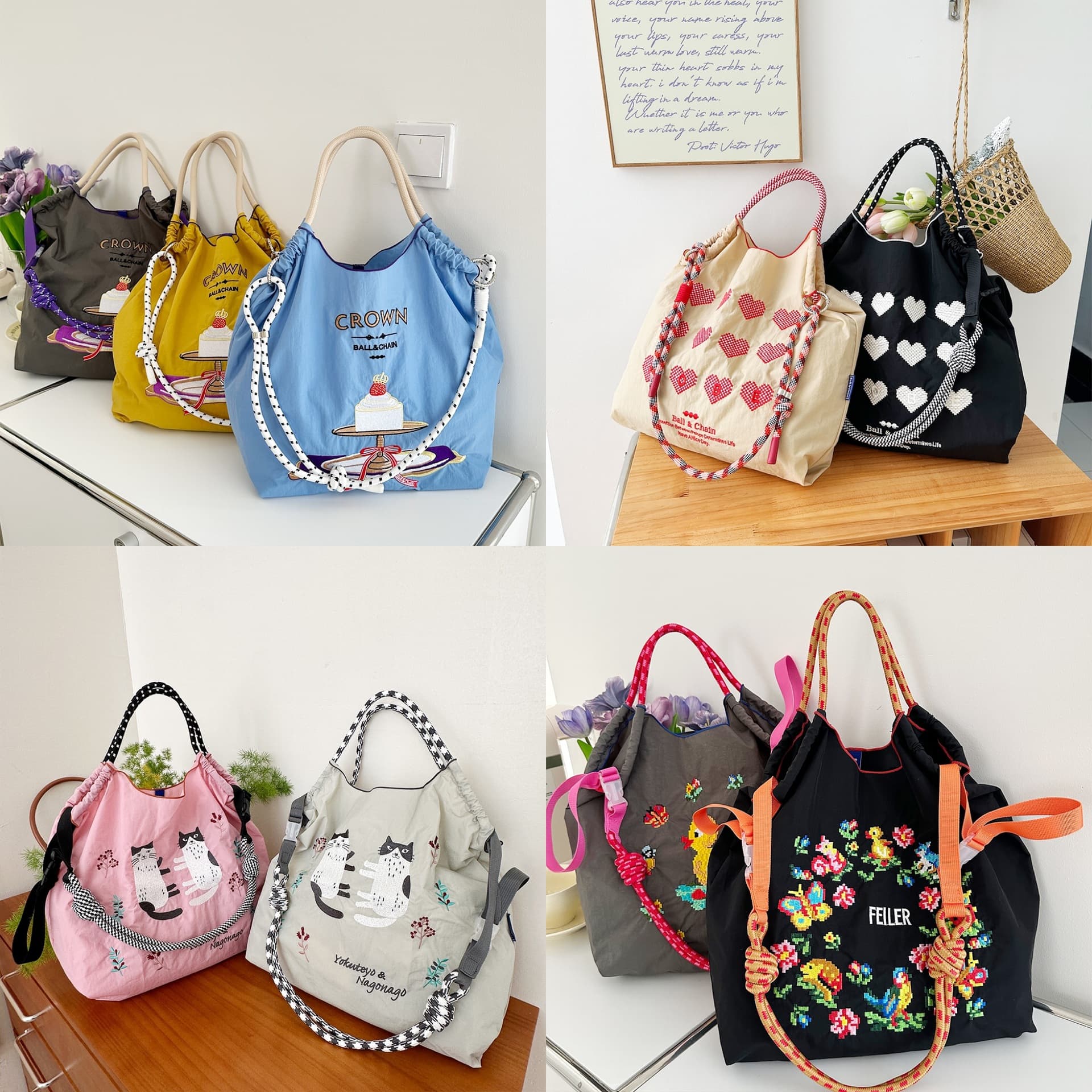 Eco-Friendly Embroidered Nylon Shopping Bag with Floral Design Handheld City Chic Style Medium Square Bag Soft Casual Travel