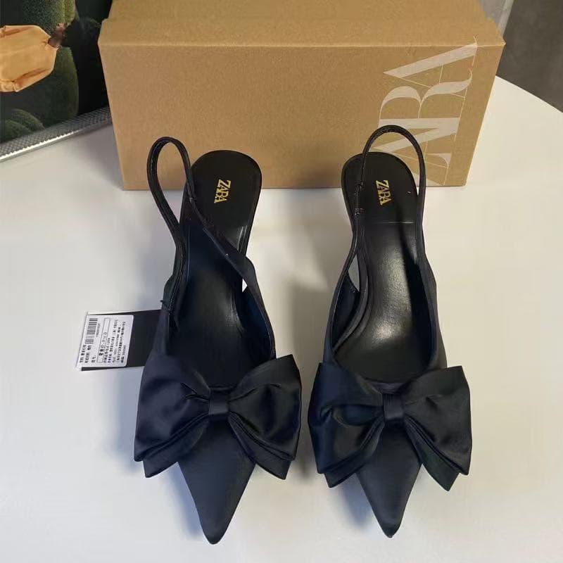 ZA New Arrival 2024 Spring Low Heel Women's Shoes Black Stiletto Pointed Toe Shallow Mouth Bow Decor Open Back Fashion Sandals