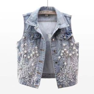 2024 Spring/Summer New Heavy Beaded Flower Denim Vest for Women Short Distressed Vest Top