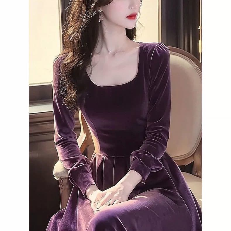 2026 New Autumn Korean-Style Fashion Purple Long-Sleeve Velvet Dress for Petite Women