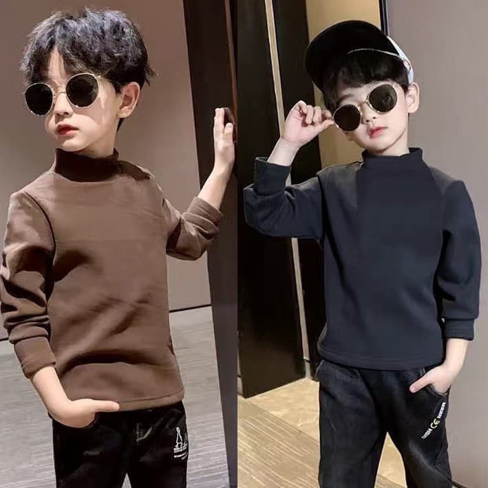 Children's De Fleece Base Shirt Semi-High Neck Fleece-Lined Boys Warmth Top Hoodie Upper Garment Autumn/Winter Style Baby T-Shirt Autumn Wear