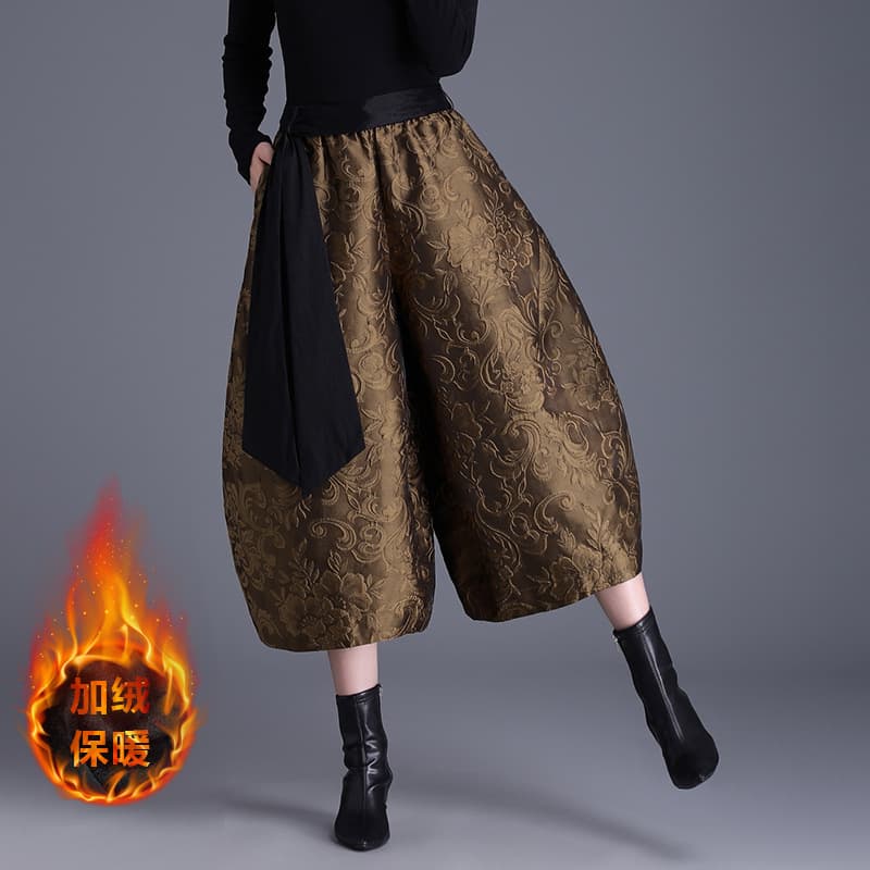 New Autumn and Winter Jacquard Wide-Leg Pants for Middle-Aged Mothers, Fleece-Lined Loose Casual Lantern-Leg Long Trousers, Nine-Point Bloomer Pants