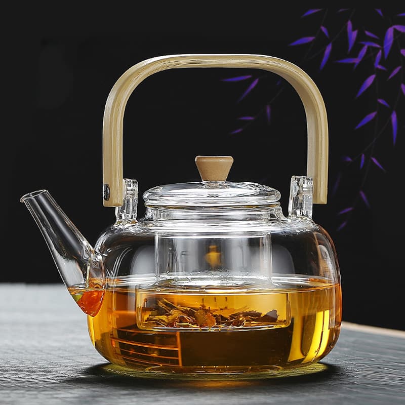 Home high borosilicate glass flower tea brewing pot, office bamboo and wood handle tea set, transparent glass teapot with handle.