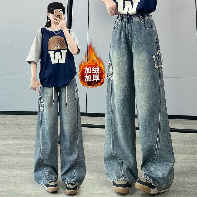 Women's fleece-lined jeans, loose fit, fitted waist, wide leg, straight leg, floor-length, suitable for plus-size women.