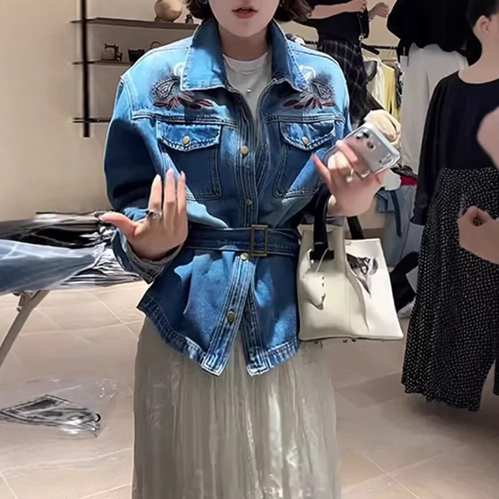 Heavy industry hand-embroidered denim jacket for women 2026 spring new style lapel tie waist slimming versatile jacket top