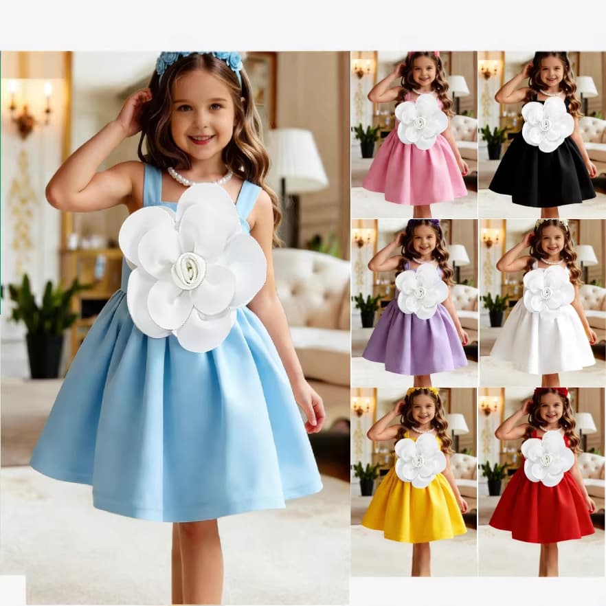 Girls' Solid Color 3D Flower Decoration Sleeveless Tutu Dress Birthday Party Flower Girl Dress