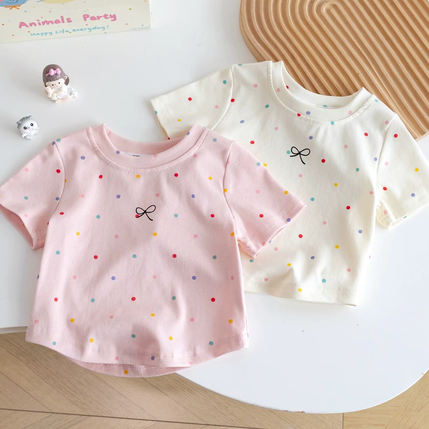 100% Cotton Girls Short Sleeve T-Shirt 2025 New Children's Top Polka Dot Baby Summer Simple Versatile Top