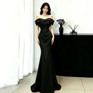Black One-Shoulder Waist-Cinching Mermaid Evening Gown Dress, Light Luxury Niche Host Temperament Art Exam Performance Costume
