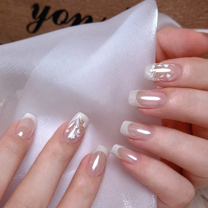 Full Size One-Size-Fits-All False Nail Tips, Semi-Translucent Pearlescent Crescent White French Wearable Nail Wraps with Floral Embellishments