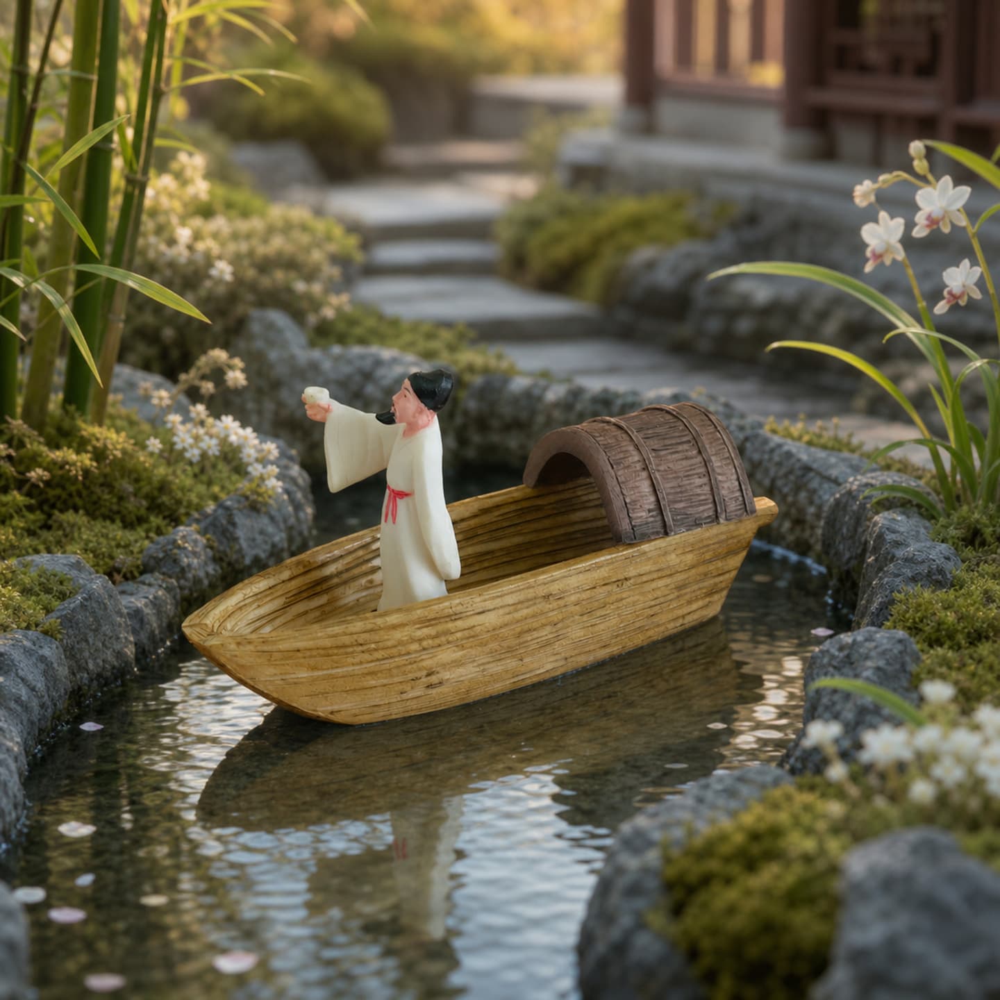 Resin mini boat ornaments, micro landscape decoration, floating character models, desktop creative crafts