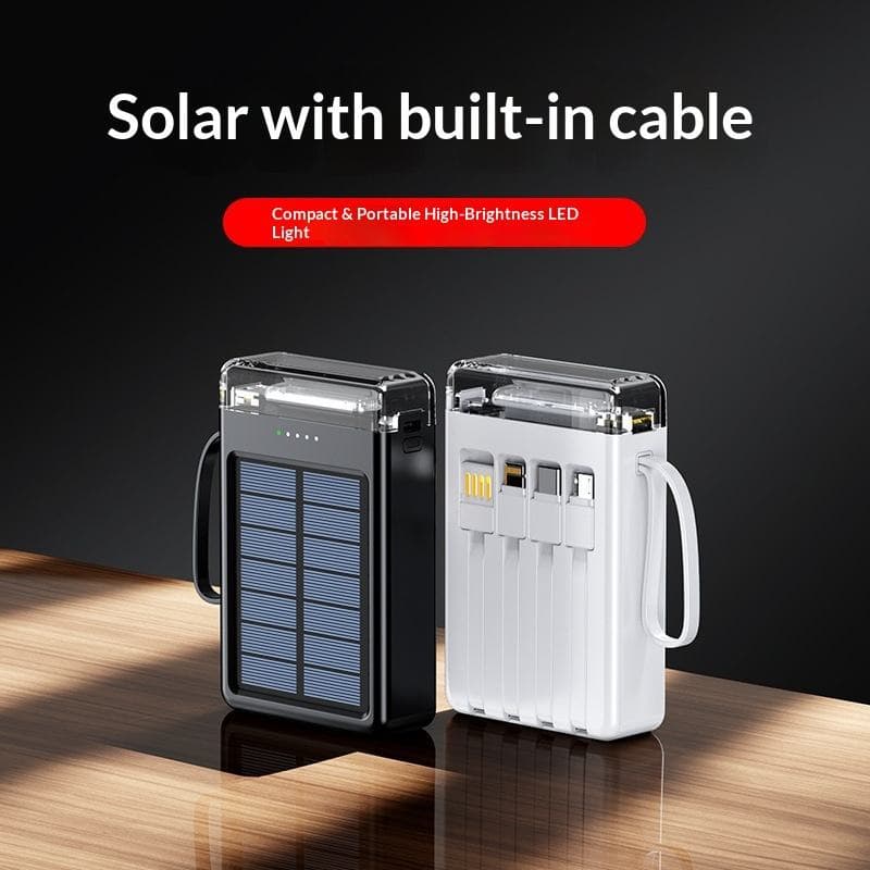 Wholesale cross-border 20000 mAh solar power bank with built-in cord LED lighting portable mini power bank