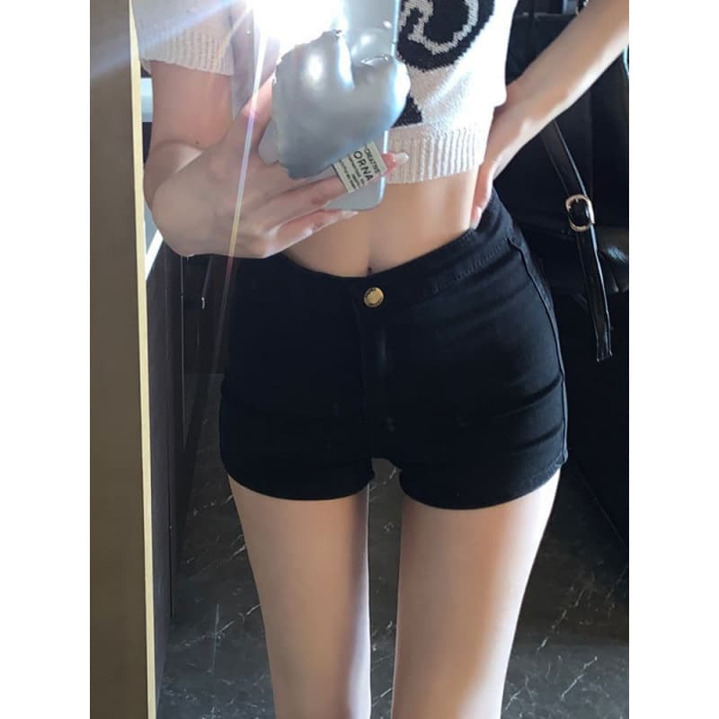 Hot Girl Denim Shorts Women Ins Spring 2025 New High-Waist Slim Black Pants Tight Stretchy Butt-Hugging Hot Pants