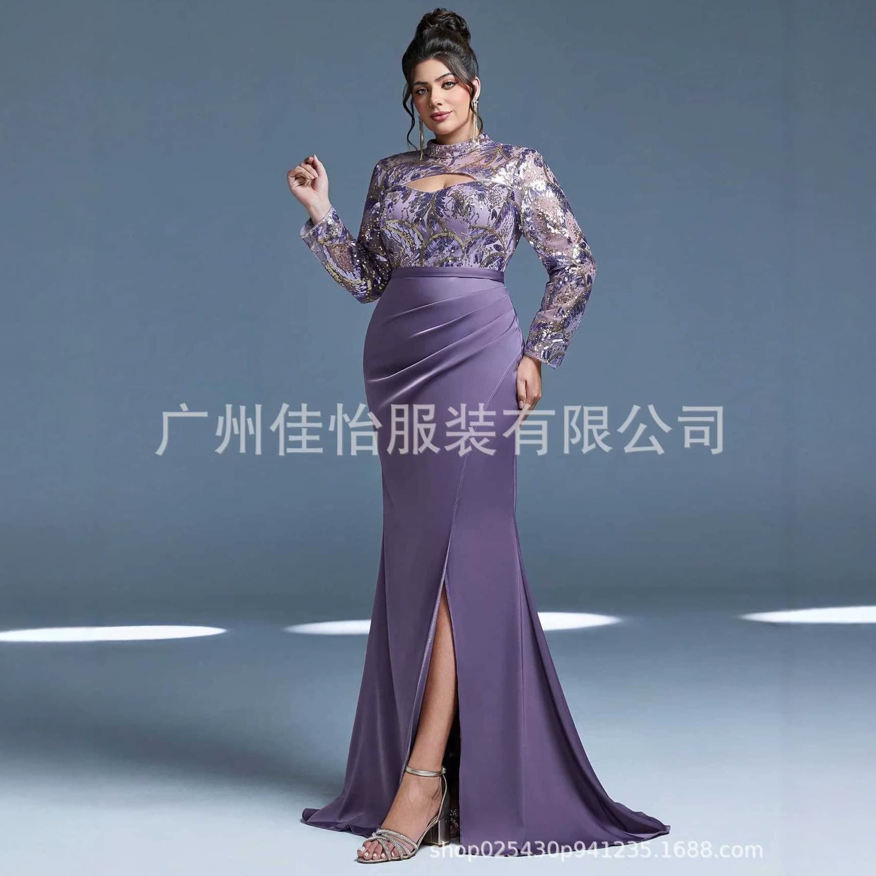 Cross-border European and American large size purple satin fishtail evening dress long-sleeved sequined hollow slit banquet host dress for women