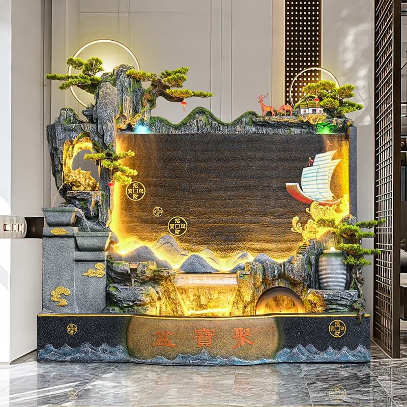 Large Floor-Standing Water Curtain Wall Artificial Mountain Waterfall Screen Decoration Living Room Fortune Feng Shui Water Wheel Background Wall Circulating Water