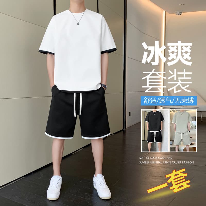 New Summer Hong Kong Style Round Neck Two-Piece Shorts Set Casual Sport Men's Casual Shorts Men's American Style Set