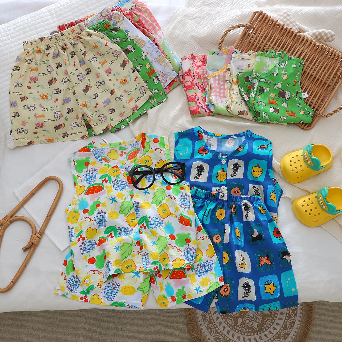 Summer Cotton Vest Set for Kids, Boys and Girls Thin Cotton Cardigan and Shorts Two-Piece Set, Baby Sleeveless Outfit