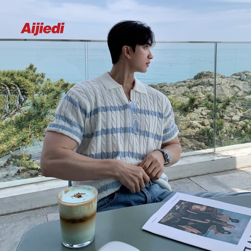 MYQ Vintage Cable Knit Striped Short Sleeve Knit Shirt for Men, Summer Loose Polo T-Shirt, Korean Style Commute Cotton