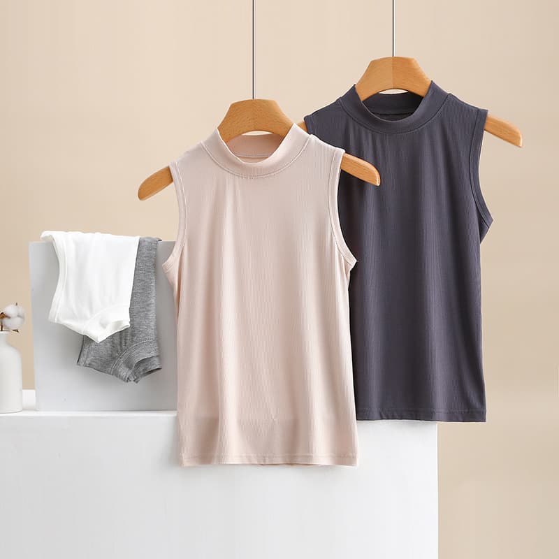 White Ribbed Cotton Vest Strap Tight Fit Sleeveless High Collar Stand Collar Women's Outerwear Base Shirt Inner Wear Top