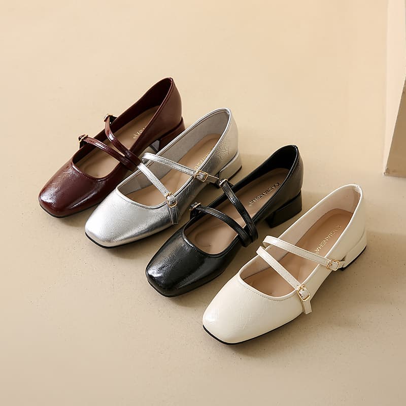 Ballet Style Mary Jane Women's Shoes 2026 Summer New Collection, Square Toe Chunky Heel Leather Shoes for Dresses, Low Cut Flats
