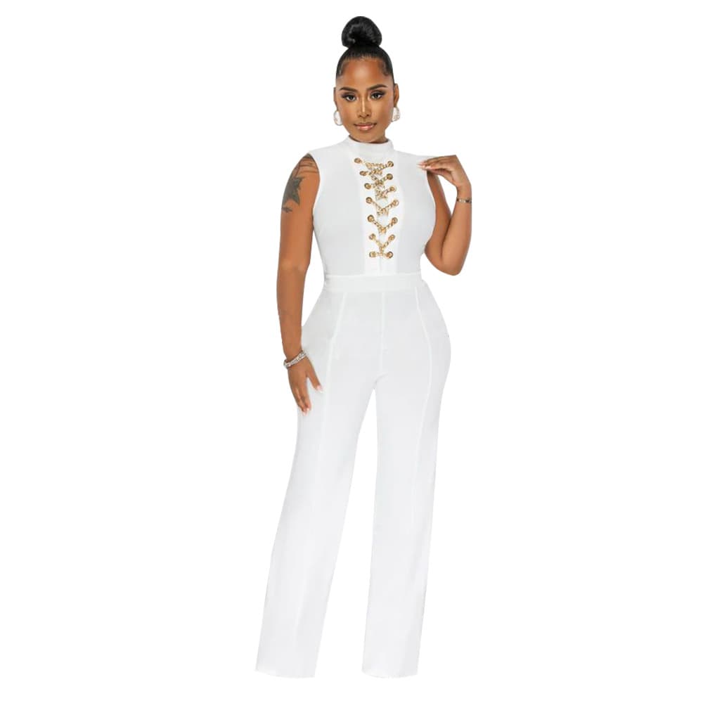 1459 Amazon Independent Site AliExpress European and American Women's Sexy Solid Color Sleeveless Stand Collar Round Neck Jumpsuit Wide Leg Pants
