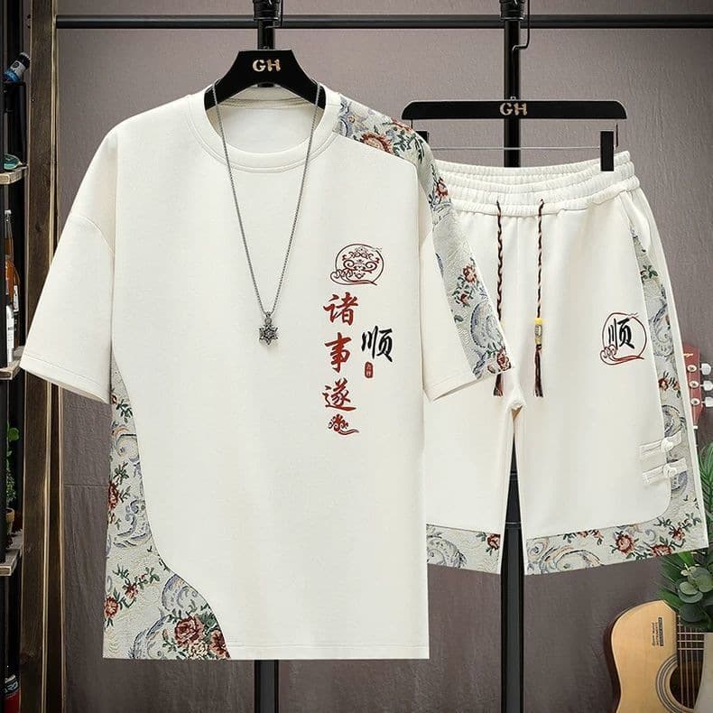 Summer suit men's Chinese style trendy fashion casual thin short-sleeved T-shirt shorts sports two-piece set for students