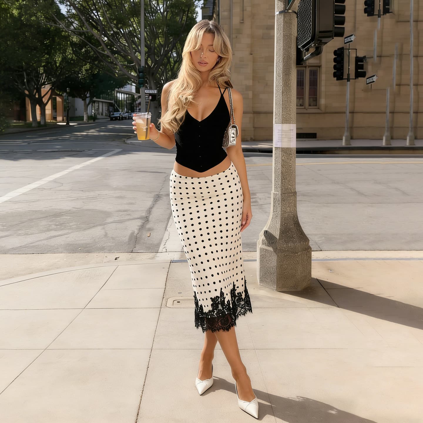 2026 foreign trade new style elegant temperament polka dot floral lace splicing skirt mid-waist slimming versatile hip skirt