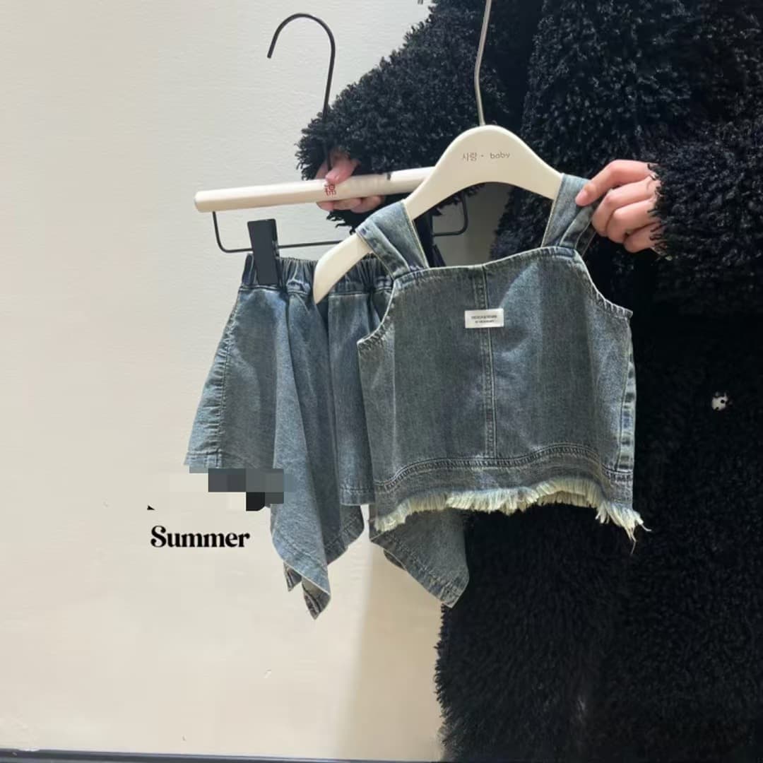Girls 2026 suit denim suit skirt suspender denim top summer Korean style casual denim two-piece set