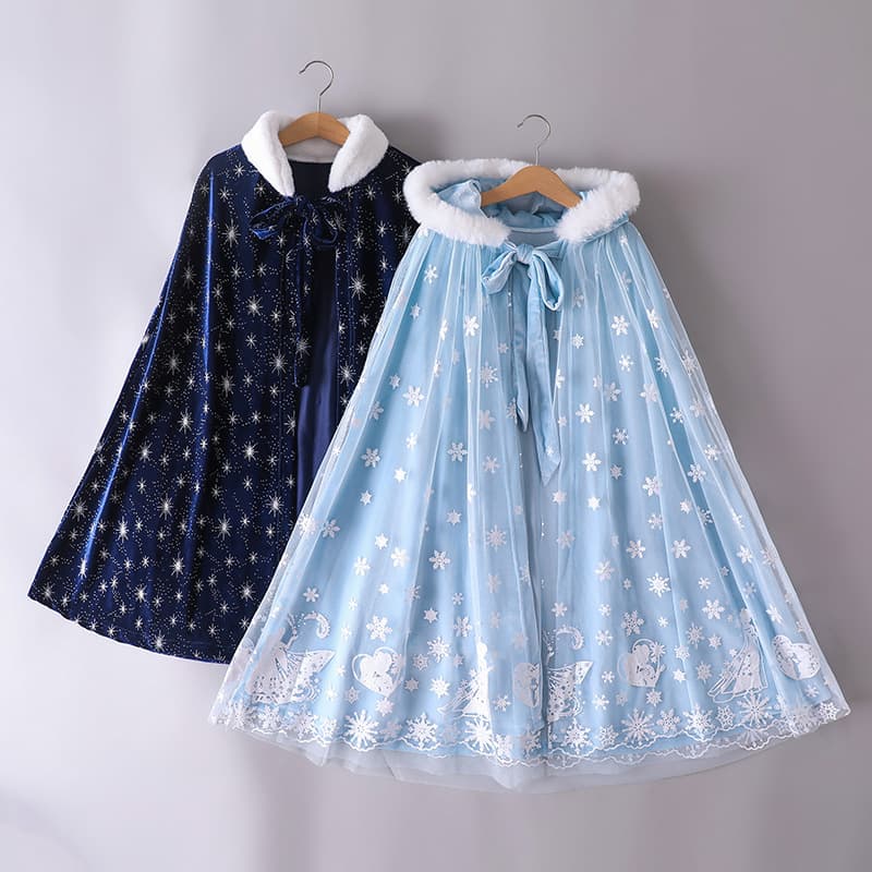 2025 Frozen Kidsren's Mesh Hooded Cloak Warm Fleece-Lined Girls Elsa Princess Windproof Shawl