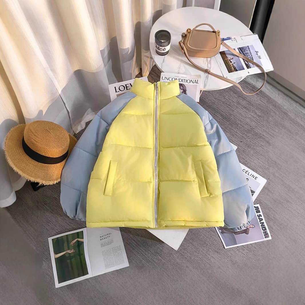Women's Winter 2025 Short Puffer Jacket with Raglan Sleeves, Couples Cotton Coat, Designer Niche Color-Block Quilted Outerwear