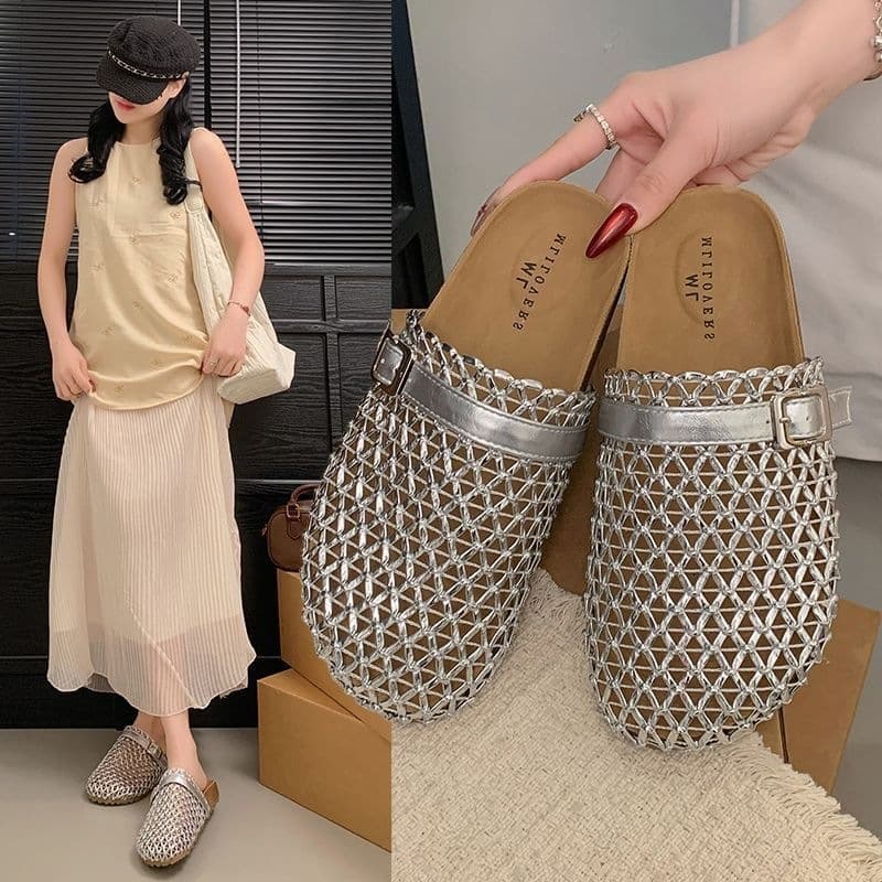 Mesh Breathable Birkenstock Shoes for Women Summer 2026 New Woven Hollow Sandals High-End Lazy Half Slippers