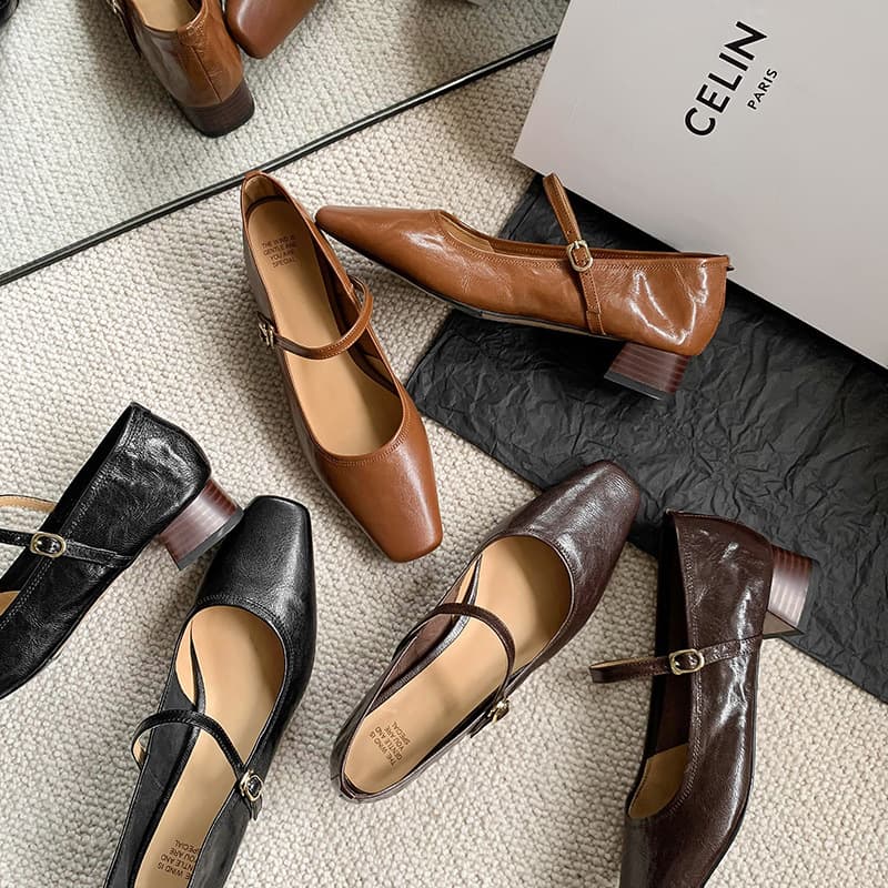 Soft Leather Retro Square Toe Chunky Heel Mary Jane Shoes Women 2024 New French Style Single Strap Buckle Soft Sole High Heel Shoes