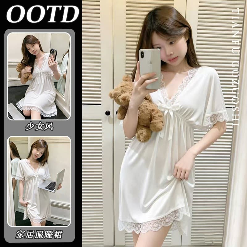 Cross-Border Influencer Live-Stream Korean Style Sexy Short-Sleeve Lace Nightdress for Women, Summer Pure Desire Sleepwear Loungewear