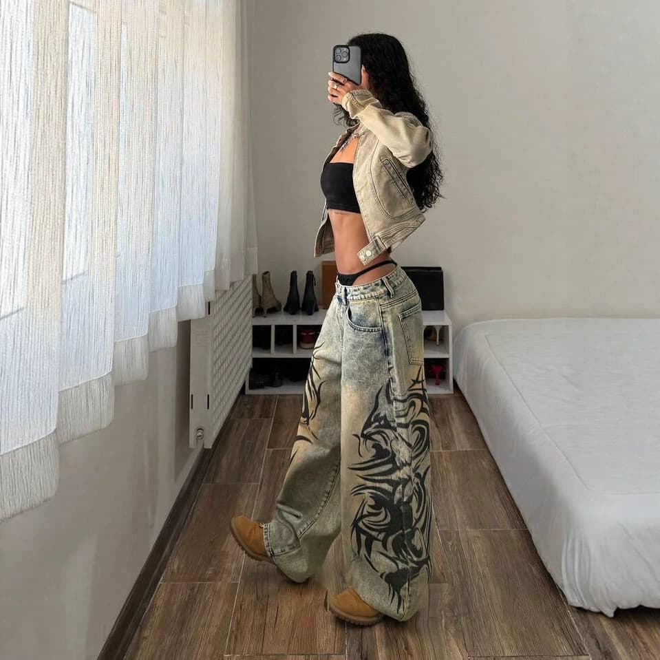 Ceiling Paris B Brand New Star Washed Distressed Swirl Totem Print Straight-Leg Women's Jeans