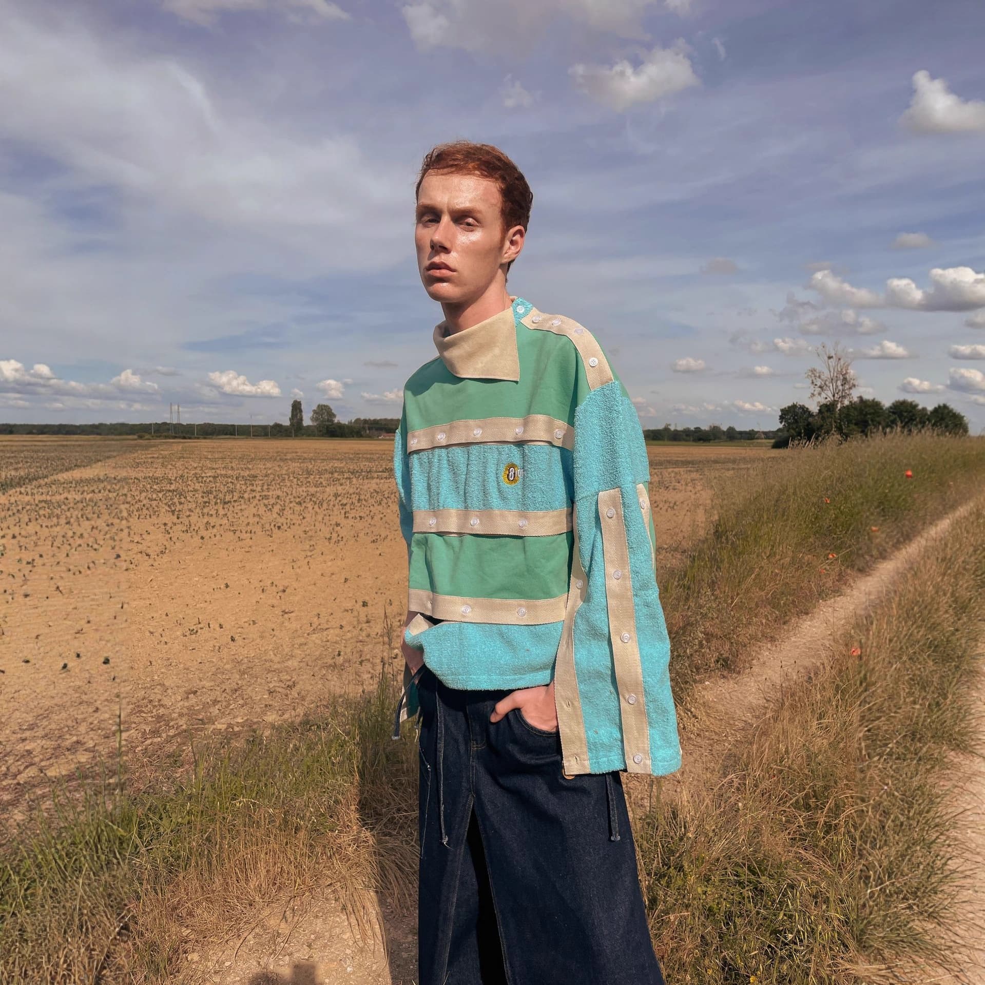 High-end menswear trendy brand new anime-inspired hoodie with irregular collar, detachable top, and terry cloth patchwork polo shirt.