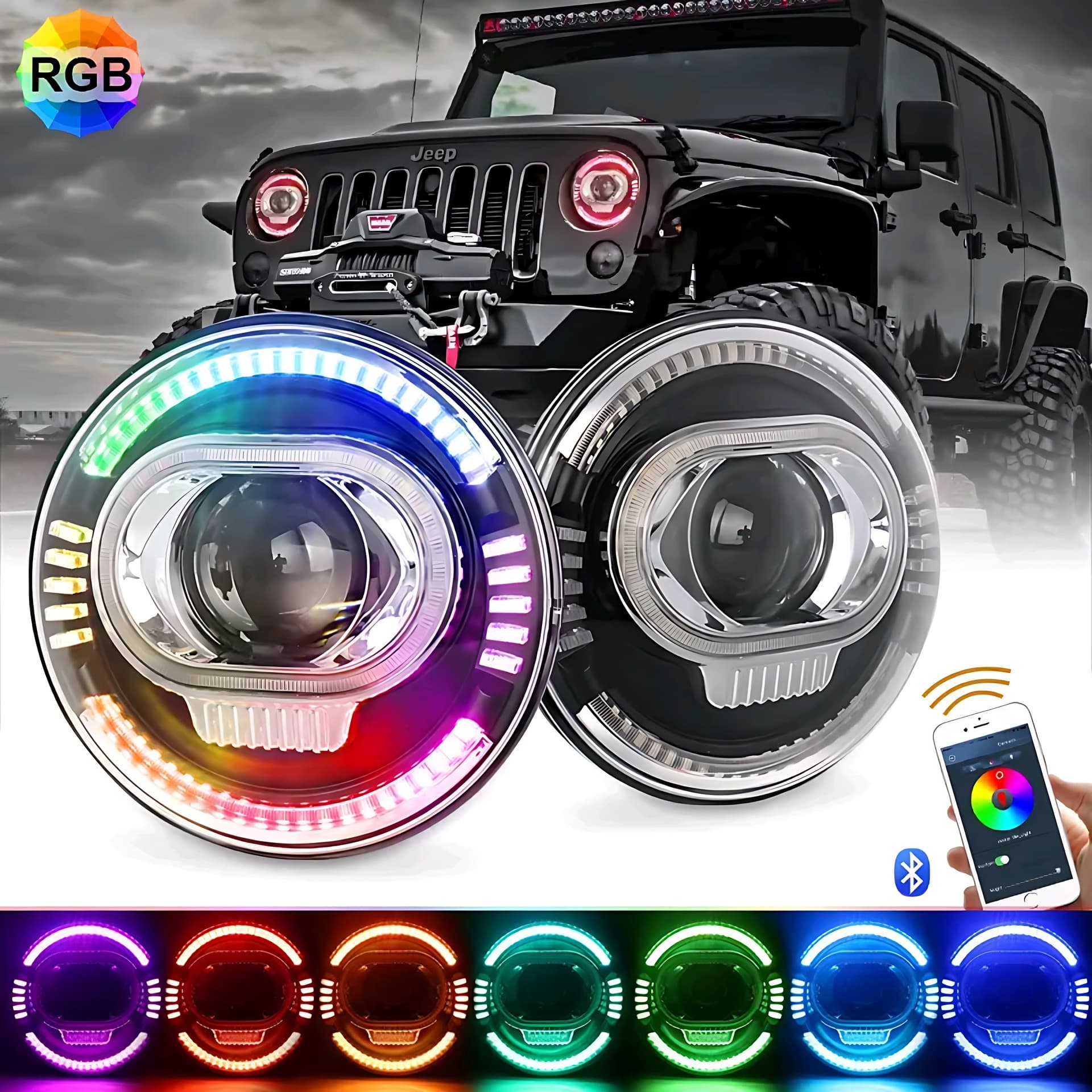 Wrangler Modified 7-Inch 60W Round Headlight with RGB Bluetooth Control and 7-Color Changing Halo Ring LED Headlight