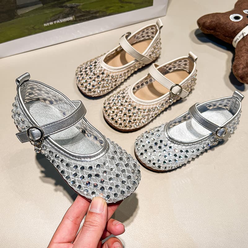 Girls' 2025 Summer New Fashion Rhinestone Accents Mesh Shallow Single Shoes