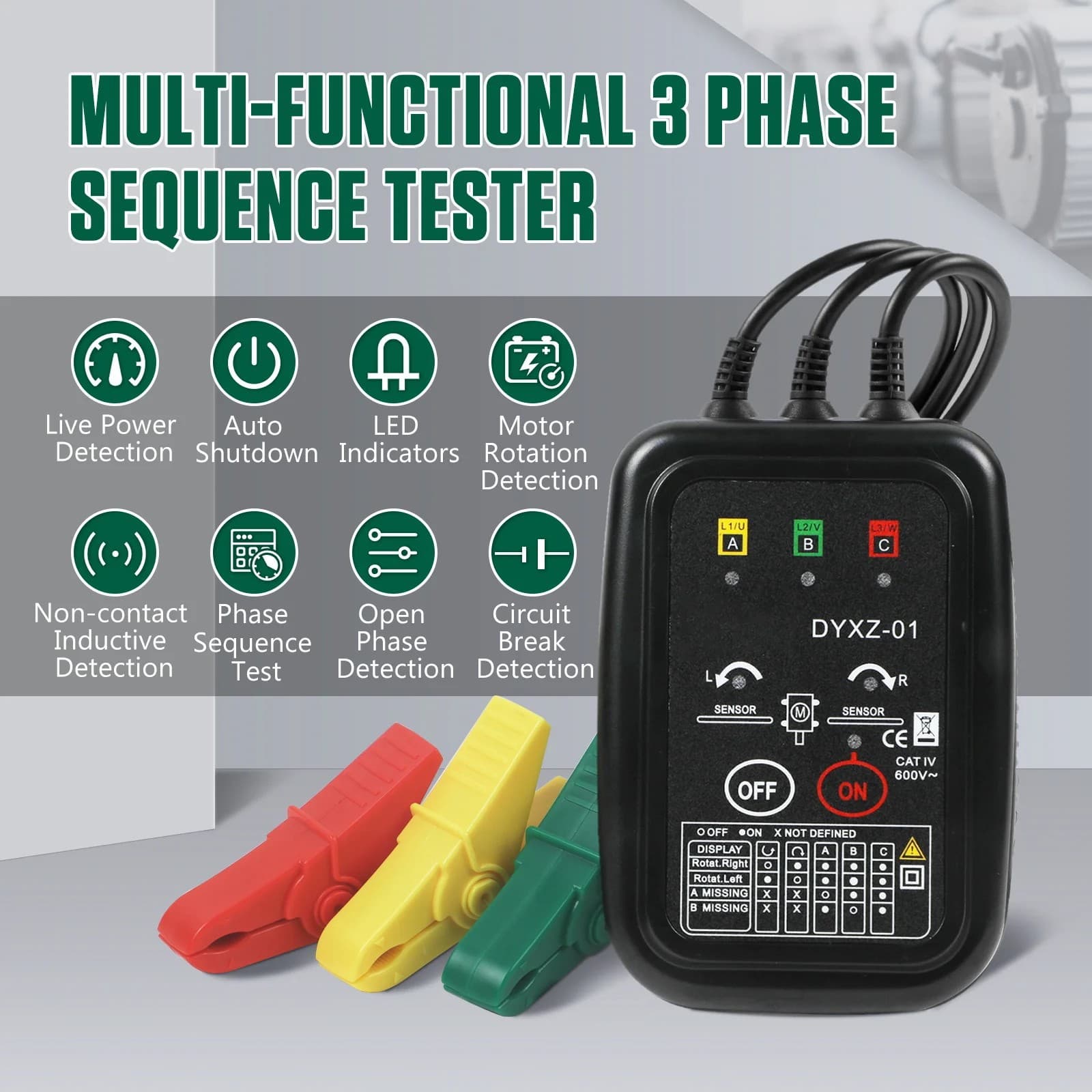 One more phase sequence detector, motor steering detection, three-phase electrical box phase sequence table, non-contact phase sequence tester