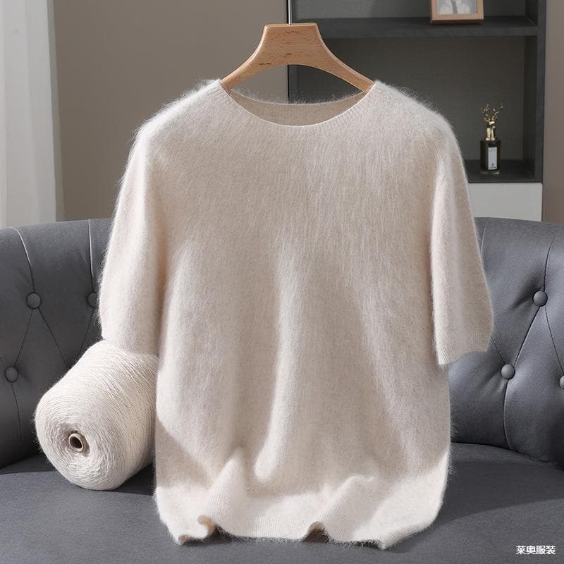 Autumn/Winter Faux Mink Sweater Men's Round Neck Half Sleeve Solid Color Pullover Loose Knit Top Short Sleeve Cross-Border